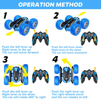 KKONES Remote Control Car, 2.4GHz Double Sided 360° Flips Rotating Electric Race RC Stunt Car, LED Wheel & Headlight High Speed Off Road Cars Toy Gift for 3 4 5 6 7 8-12 Year Old Boy Toys (Blue)