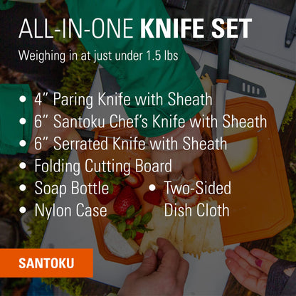 GSI Outdoors Santoku Knife Set, Compact 6-Piece Camping Chef Knife Kit with Cutting Board, Sheaths, Soap Bottle & Travel Case