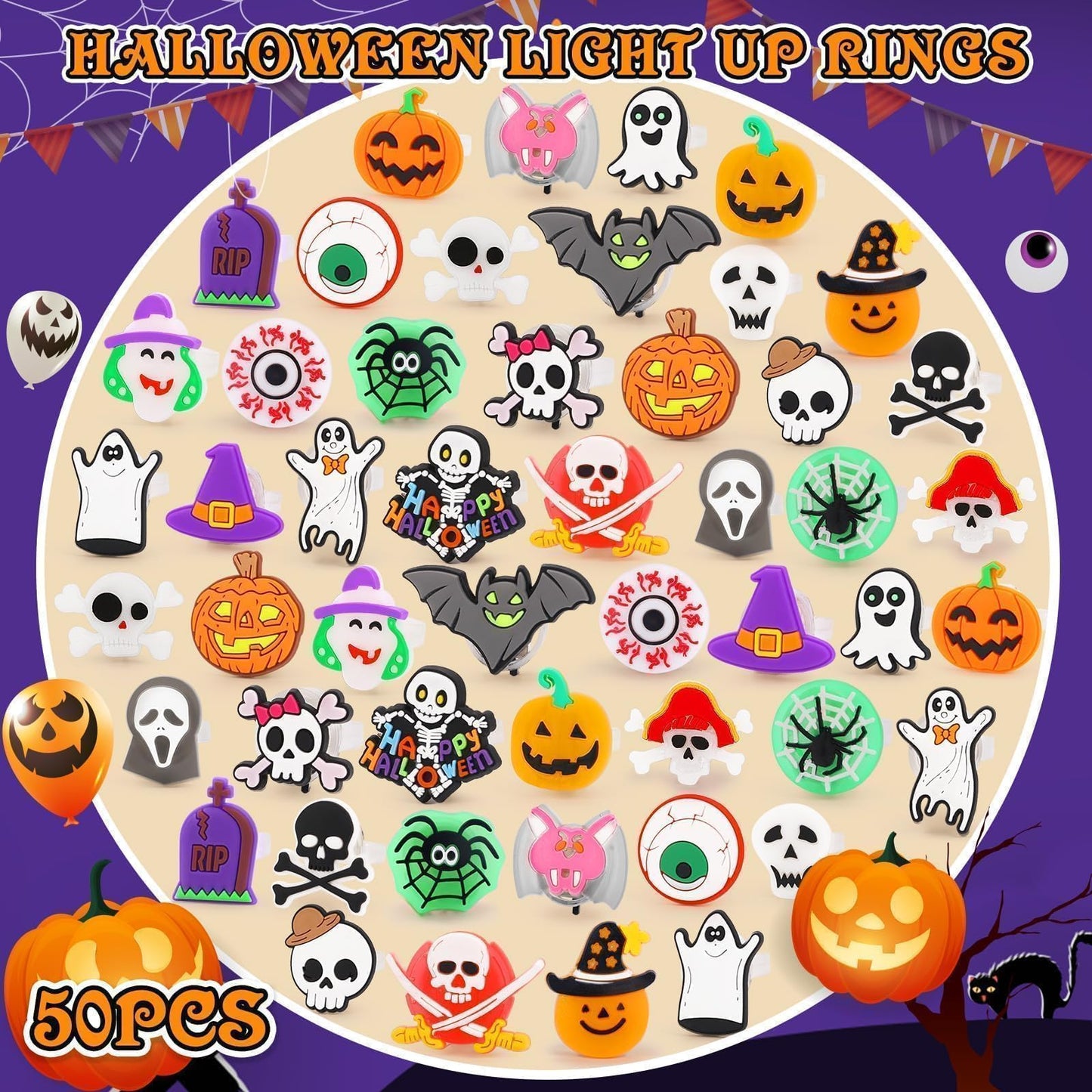 Coluans Halloween Party Favors for Kids Adults 50Pcs Gifts Halloween Treats LED Light Up Rings Flash Rings Glow In The Dark Party Supplies Goodie Non Candy Bag Filler Prizes Decorations NEW VERSION