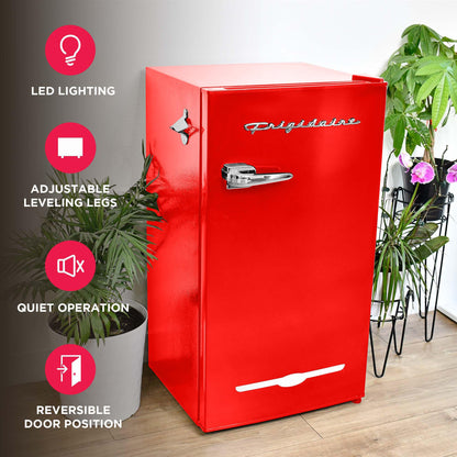 Frigidaire Retro Compact Fridge with Chiller, 3.2 cu ft Countertop Fridge with Built-In Bottle Opener, Compact Refrigerator for Office, Bedroom, Dorm Room or Cabin - 16.5" D x 19" W x 31" H (Red)