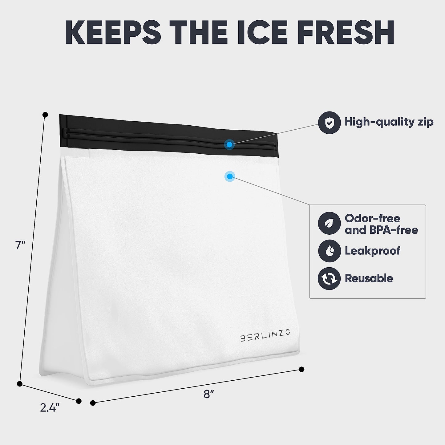 BERLINZO Large Reusable Ice Storage Bag - Freezer Safe Leak Proof Silicone and Plastic-Free Lunch Bag for Ice and Food Storage - BPA-Free XL Size