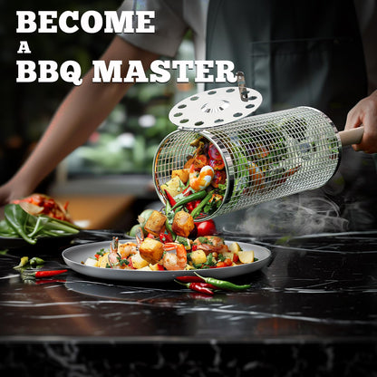 ivtivfu Rolling Grill Baskets, Removable Wooden Handle, 304 Stainless Steel, Nesting Grilling, BBQ Accessories Tools for Vegetable Shrimp, Outdoor Cooking Camping, Birthday Gifts for Men Dad Husband