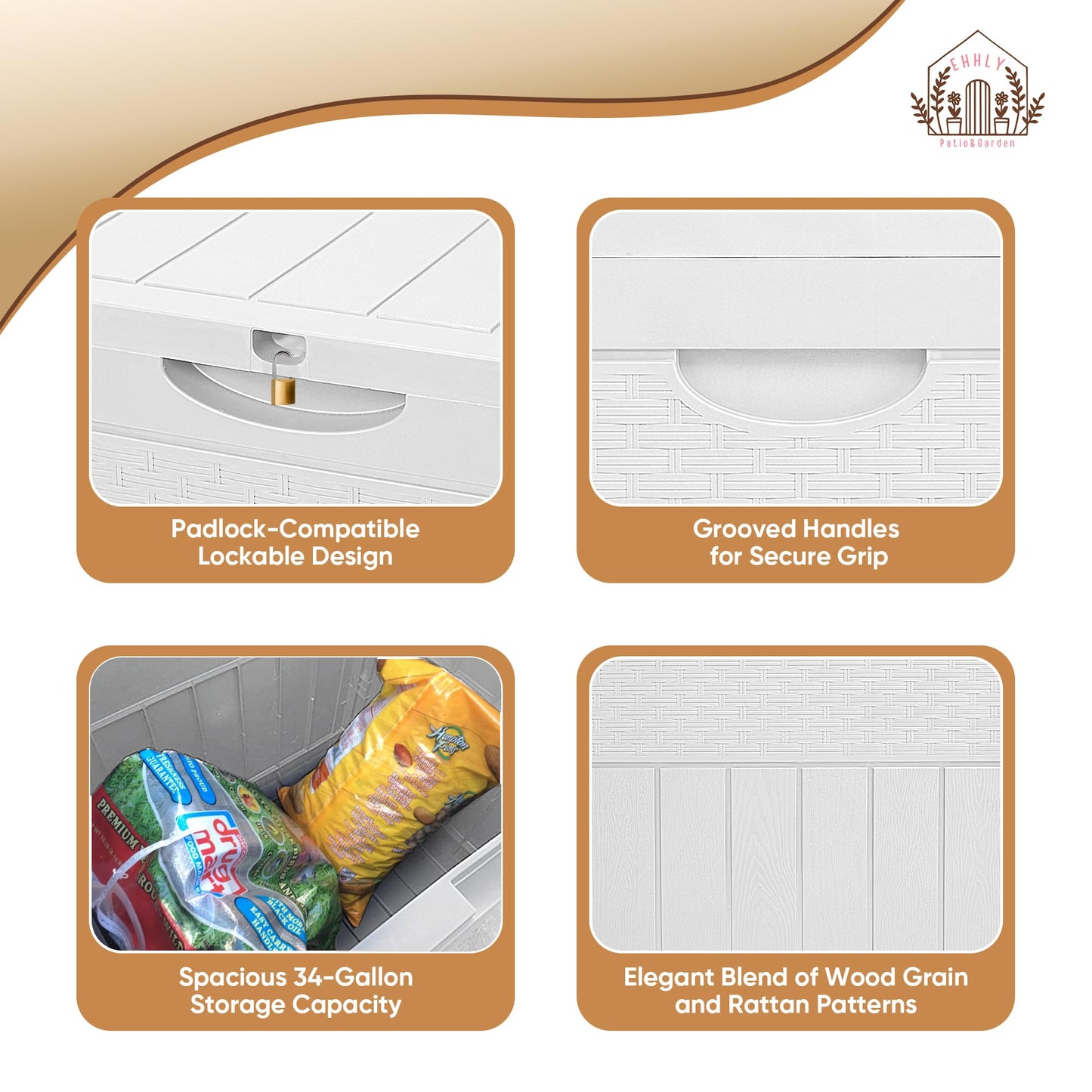 EHHLY 33 Gallon Deck Box, Small Outdoor Storage Box Waterproof, Lockable Secure Package Bin Delivery Box for Outside Front Porch, Patio Cushions Storage Box, Delivery Driver Snack Box for Porch, White