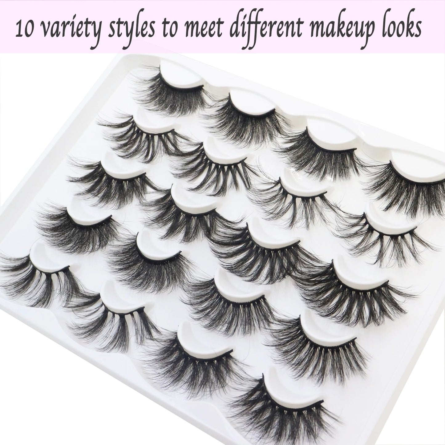 DAODER False Eyelashes 25MM Mink Lashes Dramatic Look Fluffy Long Fake Eyelashes Wispy 25mm False Lashes Strip 10 Variety Pairs Mixed for Halloween Bold Makeup