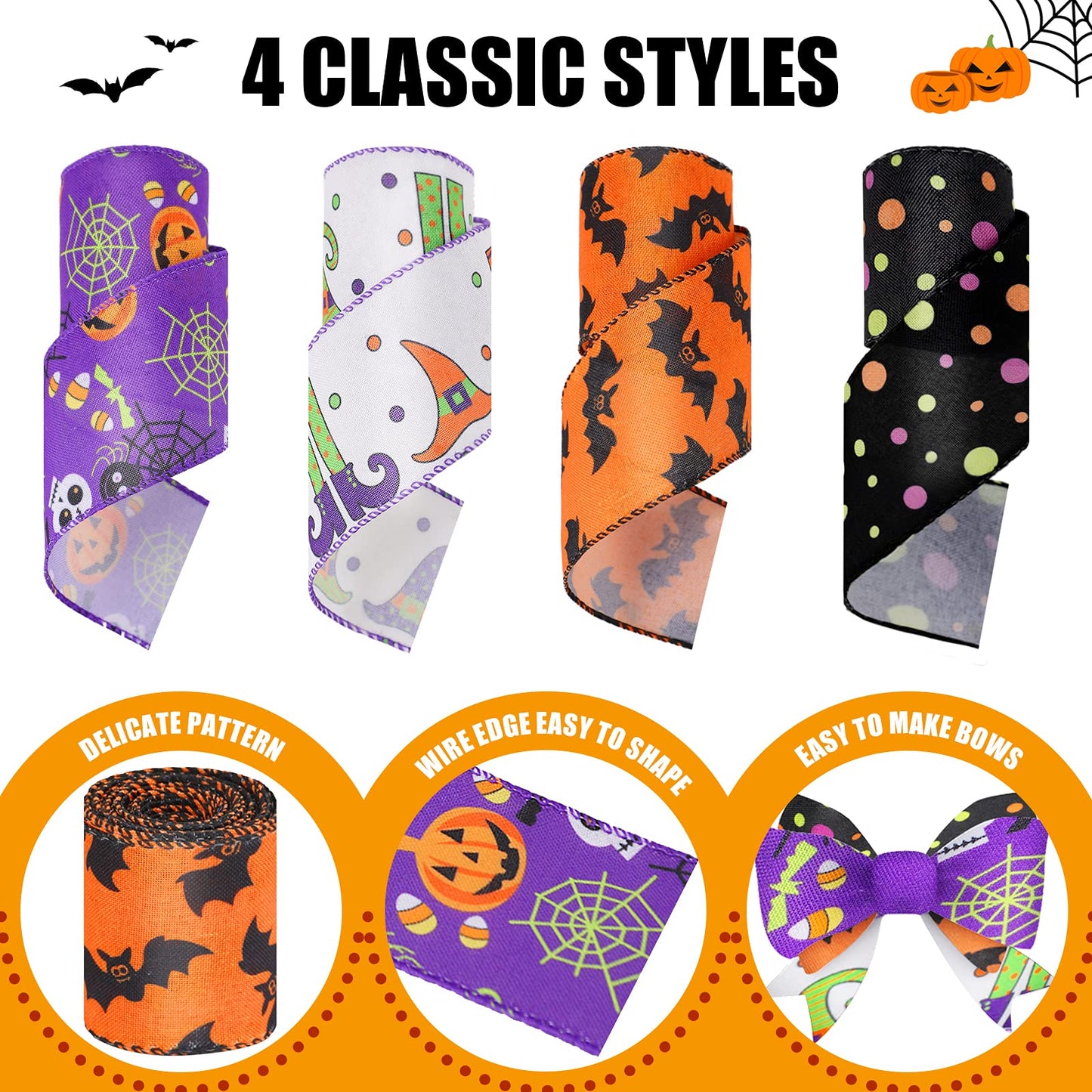 4 Rolls 20 Yards Halloween Wired Edge Ribbon Spider Web Printed Grosgrain Ribbons Halloween Theme Holiday DIY Craft Wrapping Ribbon for Home Party Decor