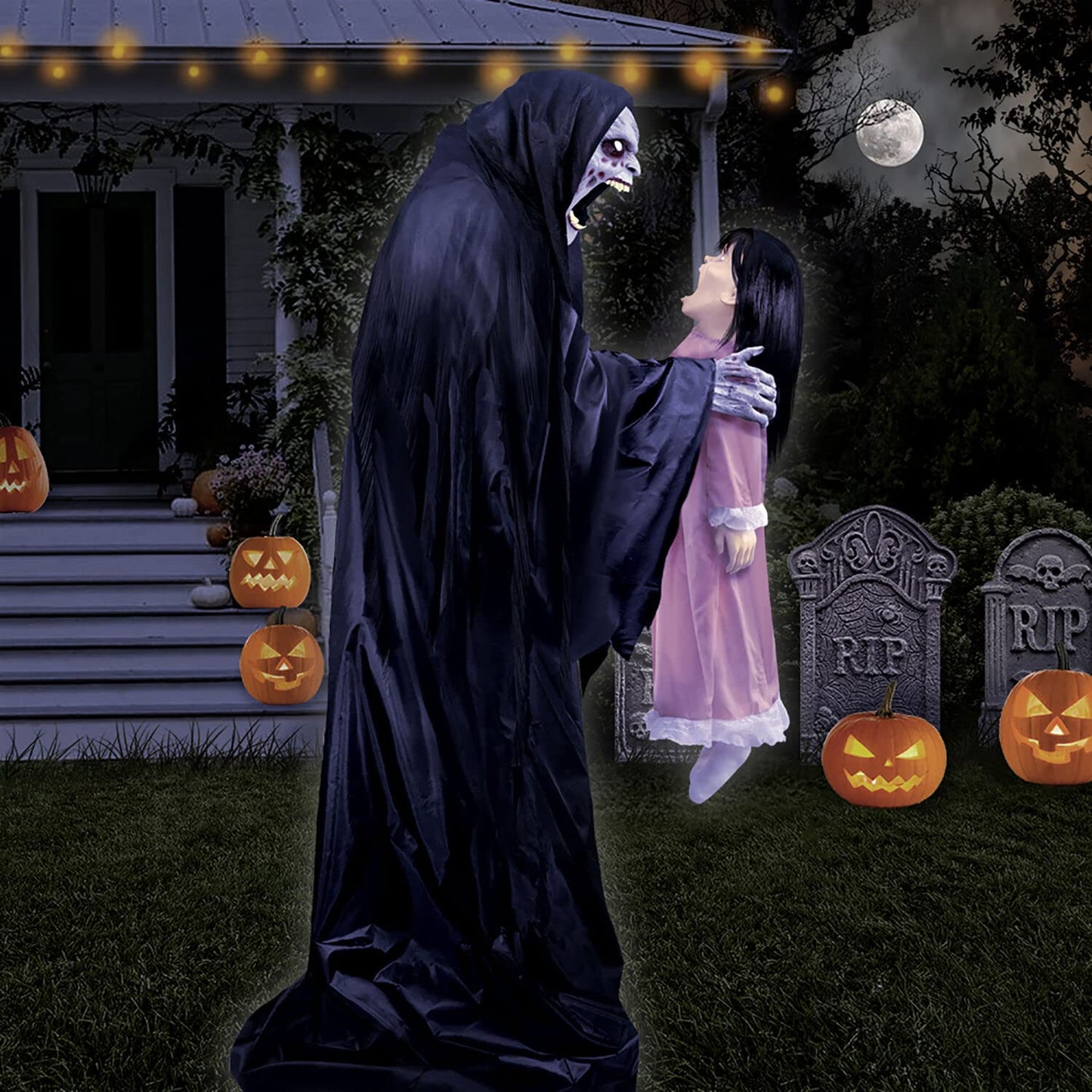 Haunted Hill Farm Soul Sucker Demon Reaper with Child by Tekky, Motion-Activated Talking Halloween Animatronic for Creepy Indoor or Covered Outdoor Halloween Decorations, Plug-in or Battery Operated