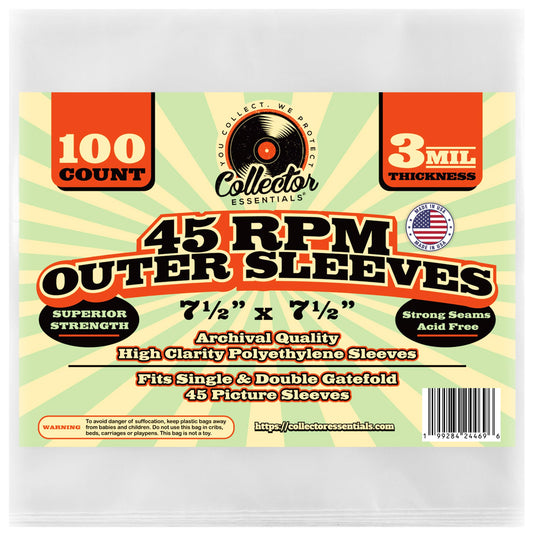 100-Pack 7-Inch 45 RPM Record Outer Sleeves – Clear Polyethylene Vinyl Covers | 3 Mil Thick, Archival, Anti-Static | Fits Picture Sleeves & Gatefolds | Made in USA