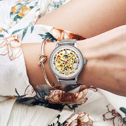 Gute Women's Watch Luxury Mechanical Stainless Steel Skeleton Steampunk Automatic Self Winding Mesh Band Wristwatch