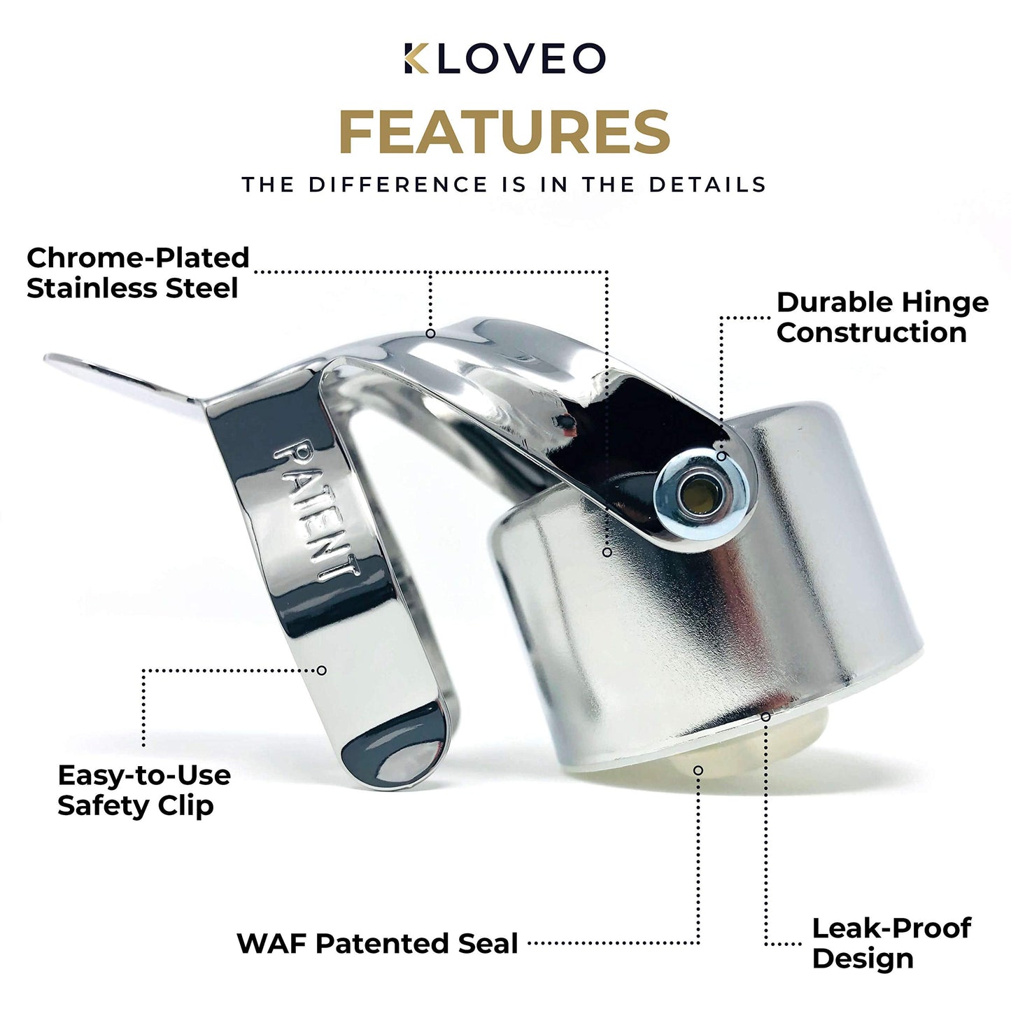 KLOVEO Champagne Stoppers - Patented Seal - Made in Italy - Professional Grade WAF Champagne Bottle Stopper - Prosecco, Cava, and Sparkling Wine Bottle Stopper