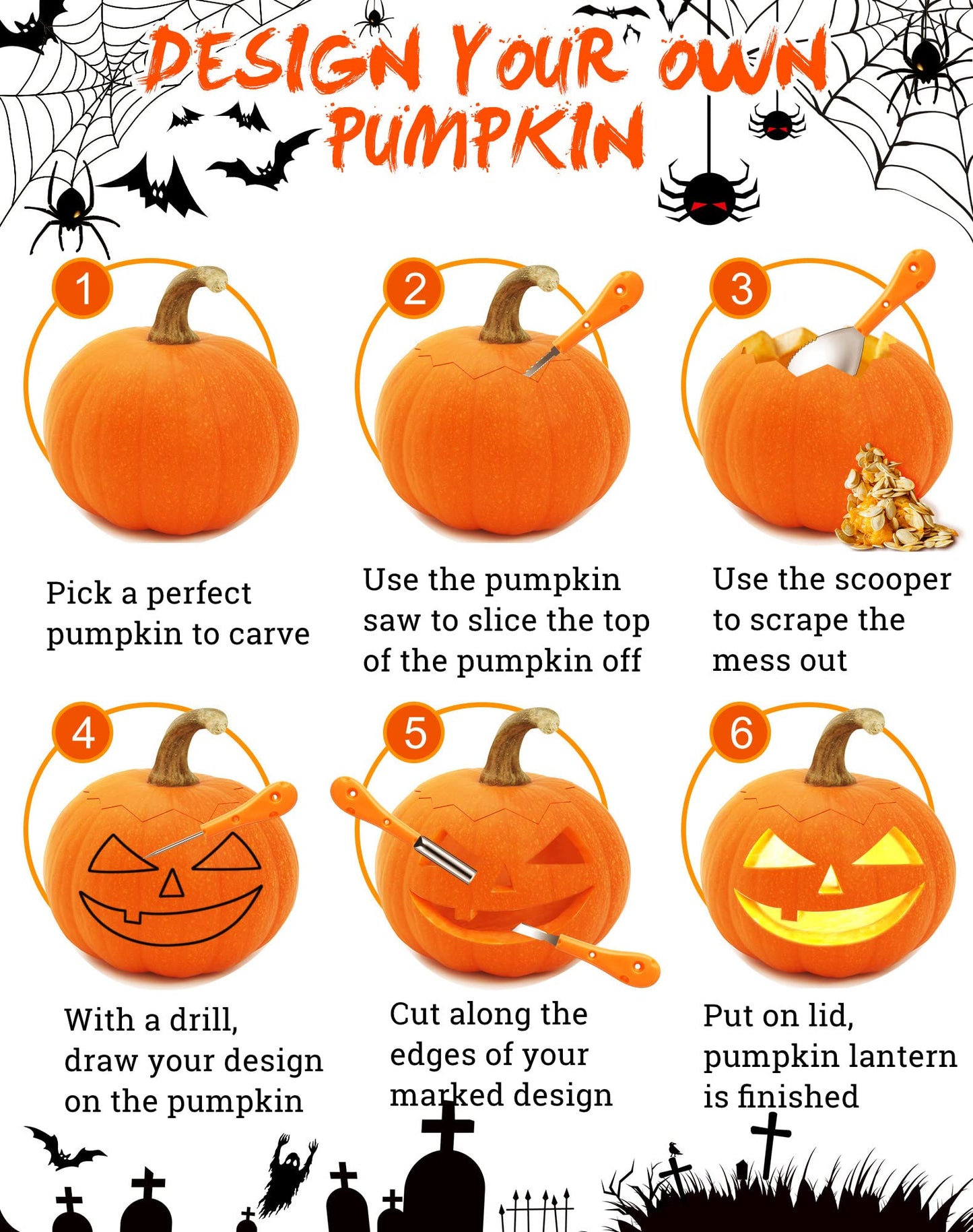 Greatever Halloween Pumpkin Carving Kit,Professional and Heavy Duty Stainless Steel Tools,Pumpkin Carving Set with12 Pumpkin Stencils Carrying Case(7pcs)