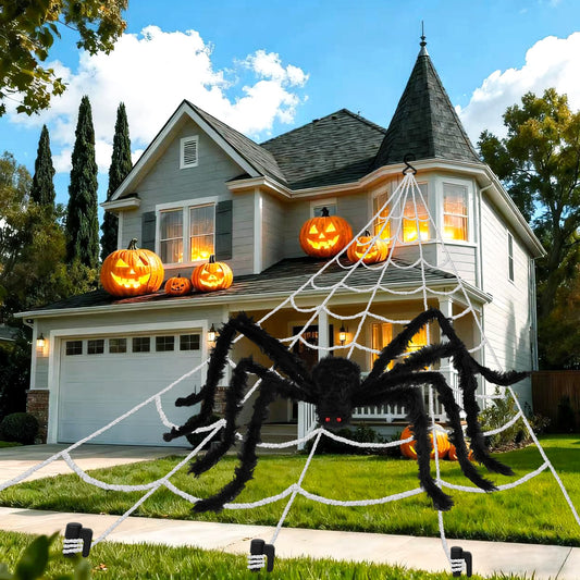 Halloween Decorations Spider Web Set, 200 "*188" Triangle Giant Spider Web & Realistic 59" Large Black Hairy Scary Spider for Indoor Outdoor Porch Yard,Scary Haunted House Décor,Halloween Party Props
