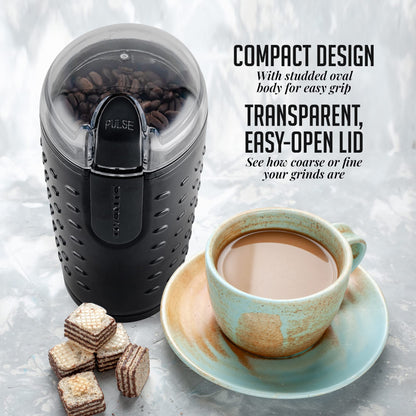 OVENTE Electric Coffee Grinder for Beans, Spices and More, 2.5Oz Compact Grinding Mill, Spice Grinder with Stainless Steel Blade, Pulse Button Operation and Transparent Easy to Open Lid, Black CG225B
