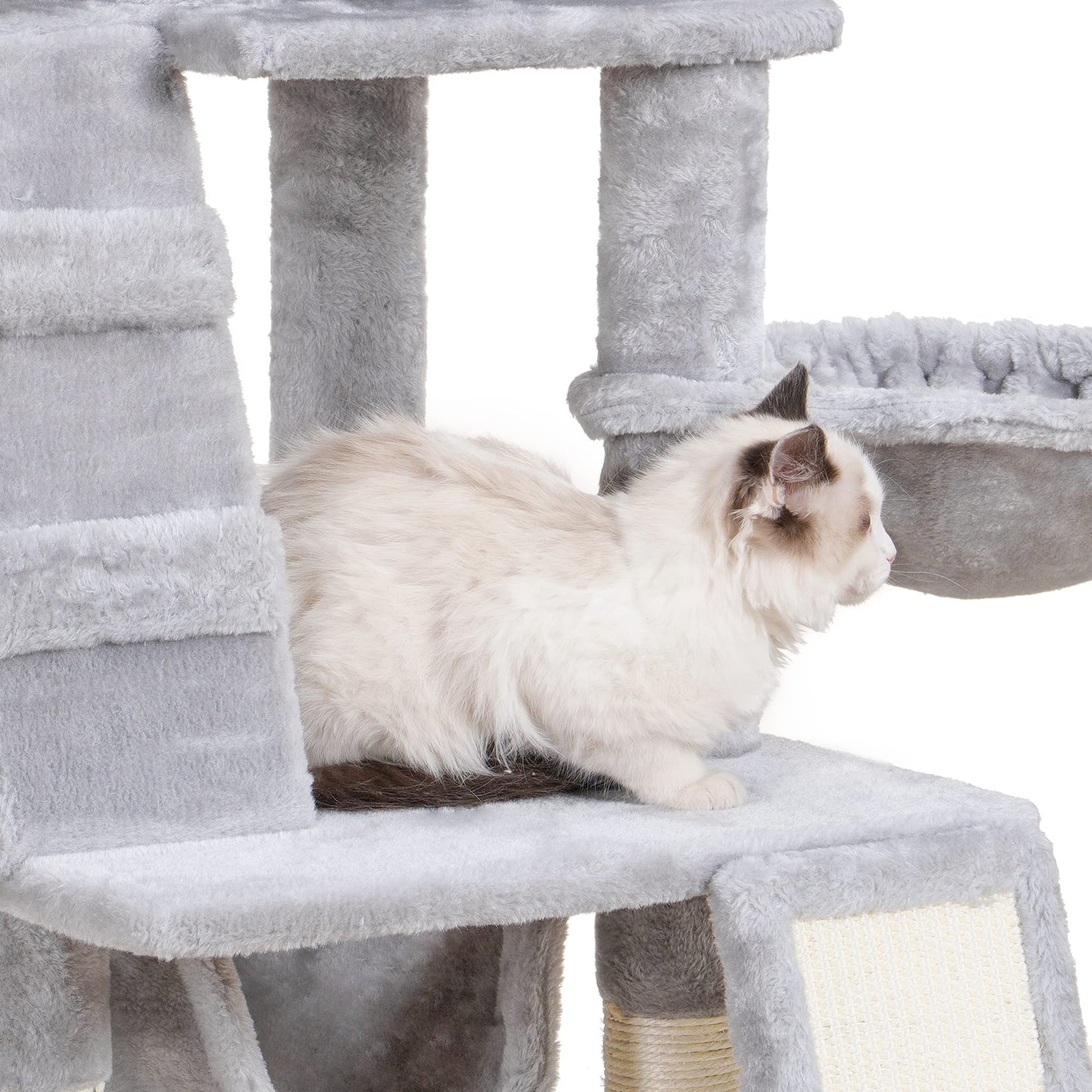 Heybly Cat Tree, Cat Tower for Indoor Cats, Multi-Level Cat Furniture Condo for Cats with Padded Plush Perch, Cozy Basket and Scratching Board, Light Gray HCT014W
