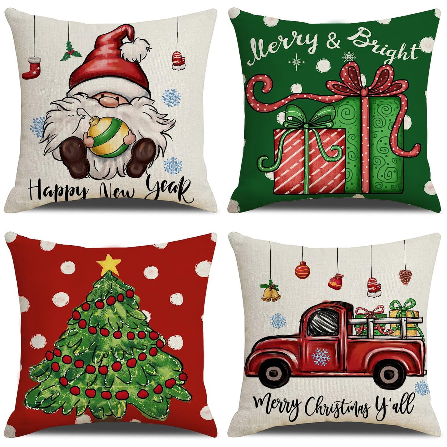 Coliuso Christmas Throw Pillow Covers 18x18 Set of 4 Xmas Series Holiday Cushion Pillow Cover Christmas Decorations for Sofa Couch Bed Farmhouse Outdoor Living Room (Red and Green)