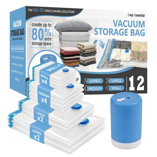 12 Pack Travel Vacuum Storage Bags with Portable Electric Pump, Vacuum Seal Space Saver Bags for Clothing, Vacuum Travel Bags for Luggage