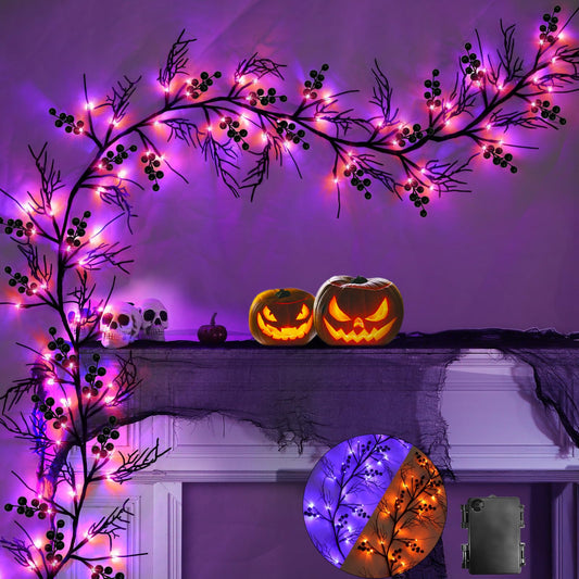 3 Color Changing Lights -6 Ft 54LED Halloween Willow Vine Twig Decor Branches Garland Decorations Orange,Purple and Orange & Purple Lights -Battery Operated for Indoor Wall Fireplace Halloween Decor