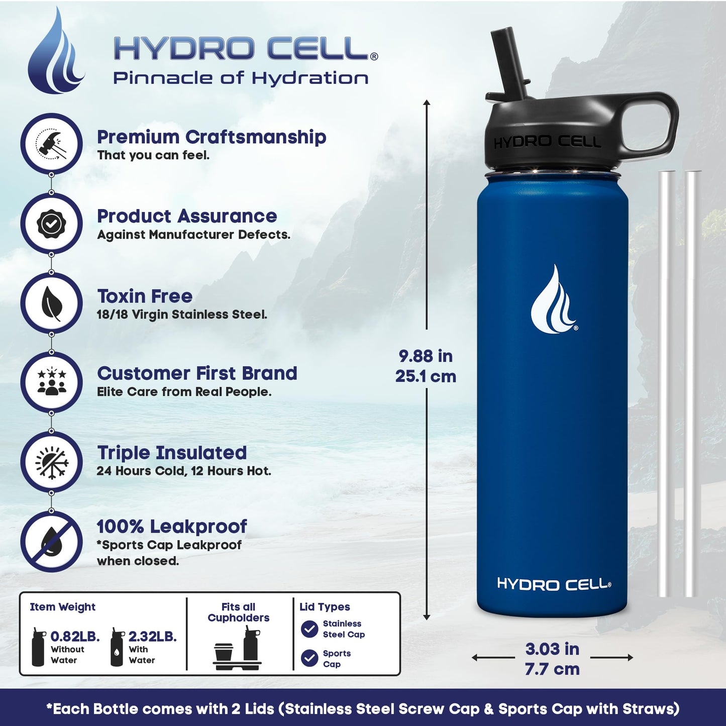 HYDRO CELL Stainless Steel Insulated Water Bottle with Straw - For Cold & Hot Drinks - Metal Vacuum Flask with Screw Cap and Modern Leakproof Sport Thermos for Adults (Navy 24oz)