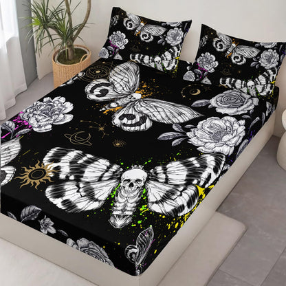 HOSIMA Death Moth Skull Heads Fitted Sheets Queen Bedroom Set Horror Theme Halloween Bedding,Goth Bedding Butterfly Bed Set for Adults Boys Girls Room Decor Floral Sheets Deep Pocket.