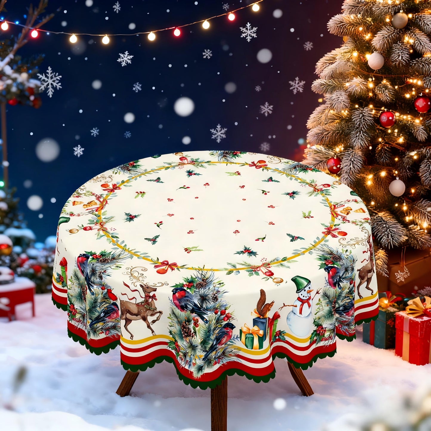 Eikione Christmas Round 60In Tablecloth Polyester Waterproof Stain Wrinkle Free, Christmas Reindeer Table Cover for Home Kitchen Dining Party