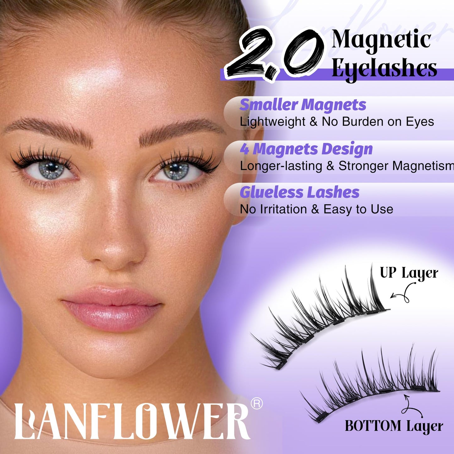 Lanflower Magnetic Eyelashes Reusable Natural Look Magnetic Lashes with Applicator Wispy False Eyelashes with Magnets No Eyeliner