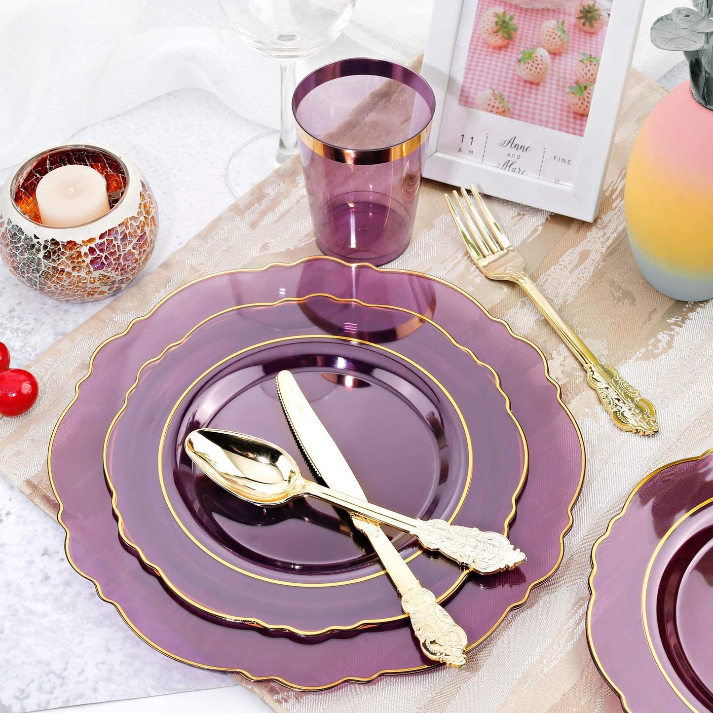 KIRE 210Pcs Purple Plastic Plates with Gold Rim& Silverware &Cups&Hand Napkin - Baroque Clear Plastic Dinnerware for Upscale Wedding/Parties Plates