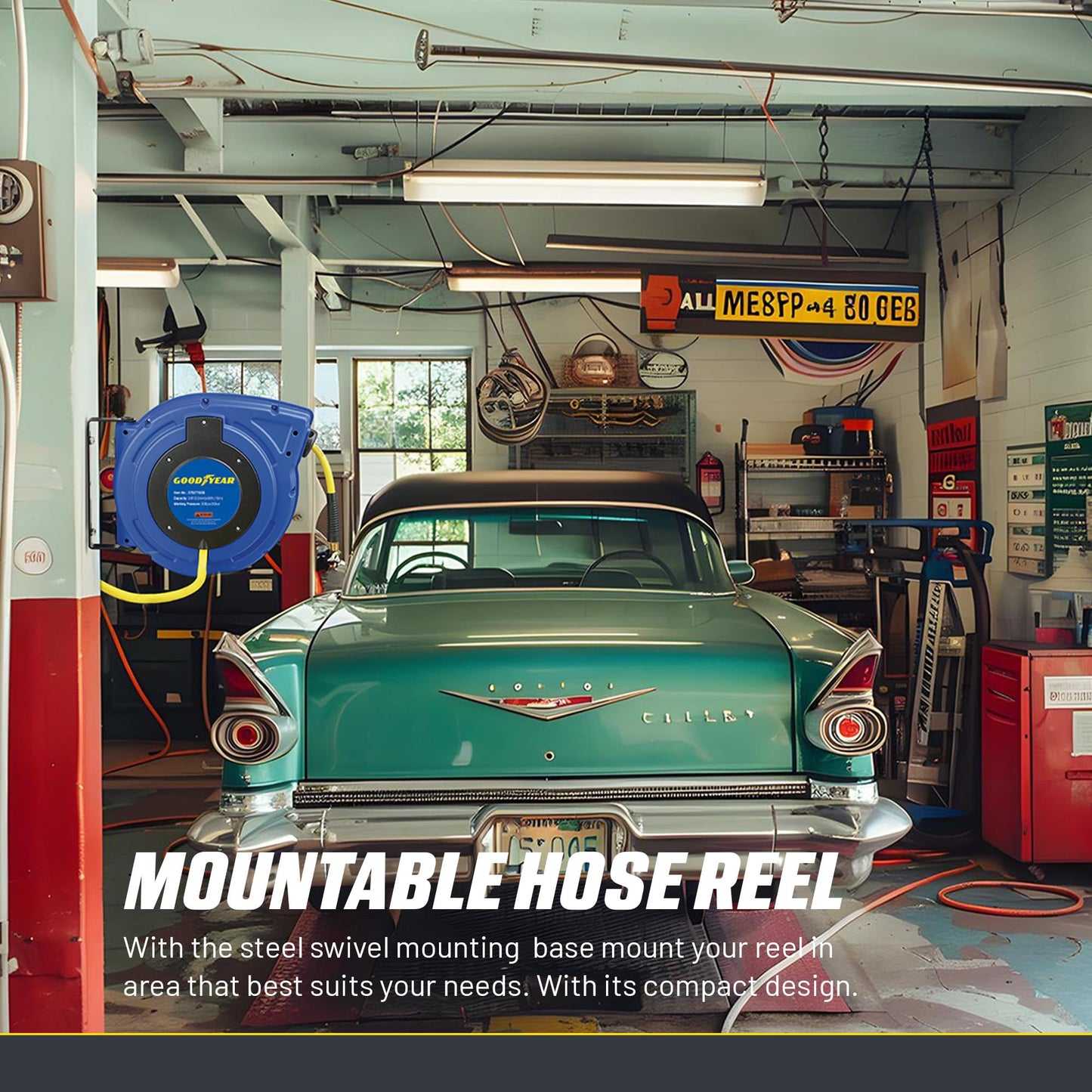 Goodyear Air Hose Reel Retractable 3/8" Inch x 50' Foot Hybrid Polymer Hose Max 300PSI Commerical Polypropylene Construction