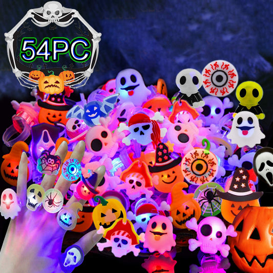 54PC Halloween Light Up Ring Halloween Party Favors LED Glow Ring for Kids Non Candy Gift (12 Styles Flashing Rings)