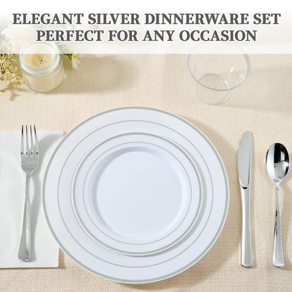 FOCUSLINE 600 Ct Silver Dinnerware Set for 100 Guests - Silver Rimmed Disposable Plastic Plates, Includes 100 Dinner & Salad Plates, Cups, Cutlery Set for Wedding Parties
