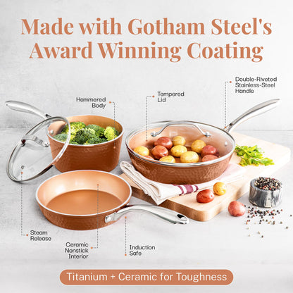 GOTHAM STEEL Hammered Copper 12 Inch Non Stick Frying Pans with Lid, Frying Pans Nonstick with Lid, Non Toxic Ceramic Pan for Cooking, Nonstick Frying Pan, Induction Pan, Oven and Dishwasher Safe