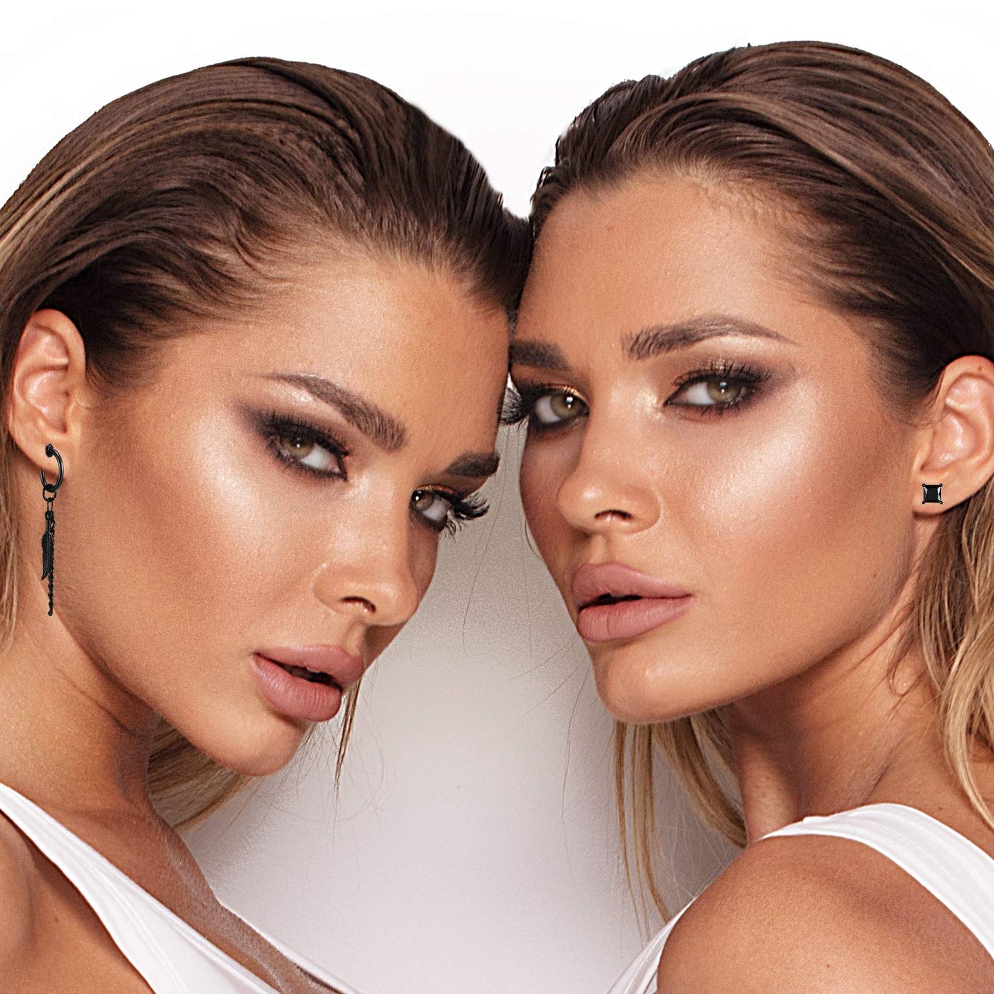 9 Pairs Magnetic Stud Earrings Stainless Steel Feather Dangle Hinged CZ Magnet Non-Piercing Cross Dangle Hoop Earring Set, Black, Stainless Steel