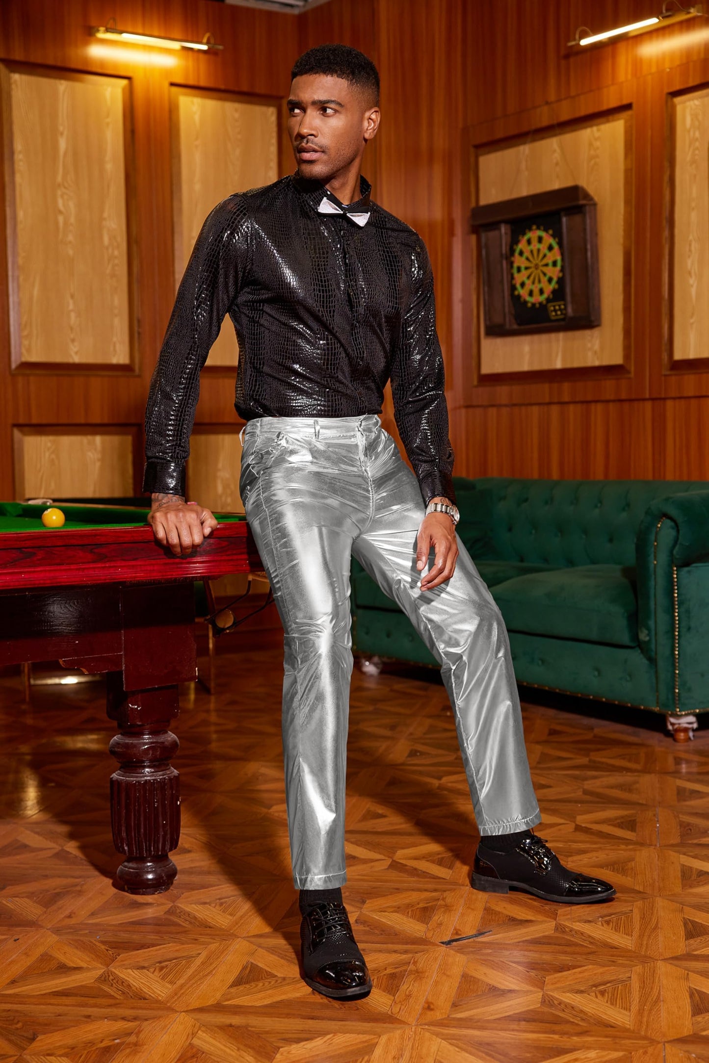 COOFANDY Men's Shiny Silver Pants Disco Night Club Pants 70s 80s 90s Party Dance Pant Straight Leg Trousers