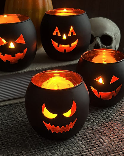 Halloween Table Decor Set of 6, Jack O Lanterns Black Glass Votive Tealight Candle Holders, Halloween Decorations Indoor Party Mantel Coffe Table Centerpiece Decor