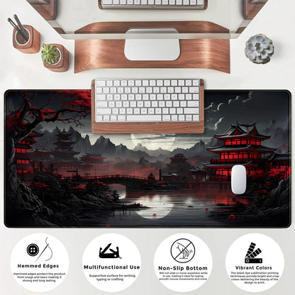 Japanese Desk Mat Riverside Full Moon Desk Pad Black Red Large Mouse Pad Gaming Mousepad Extended XXL Keyboard Pad 31.5 x 15.7 in Laptop Computer Mouse Keyboard Mat for Office Desk Decor
