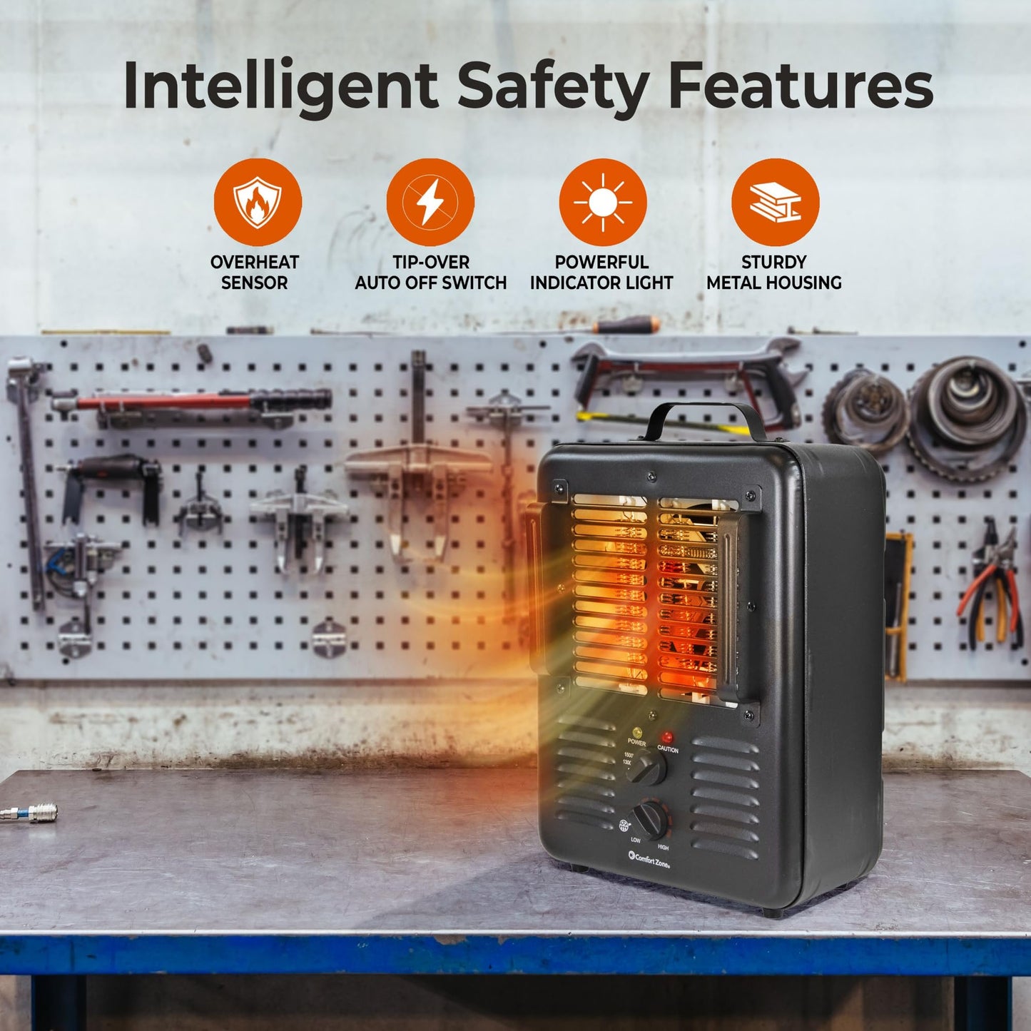 Comfort Zone Electric Portable Utility Space Heater with Adjustable Thermostat, Overheat Protection, & Tip-Over Switch, 1500W, CZ799BK