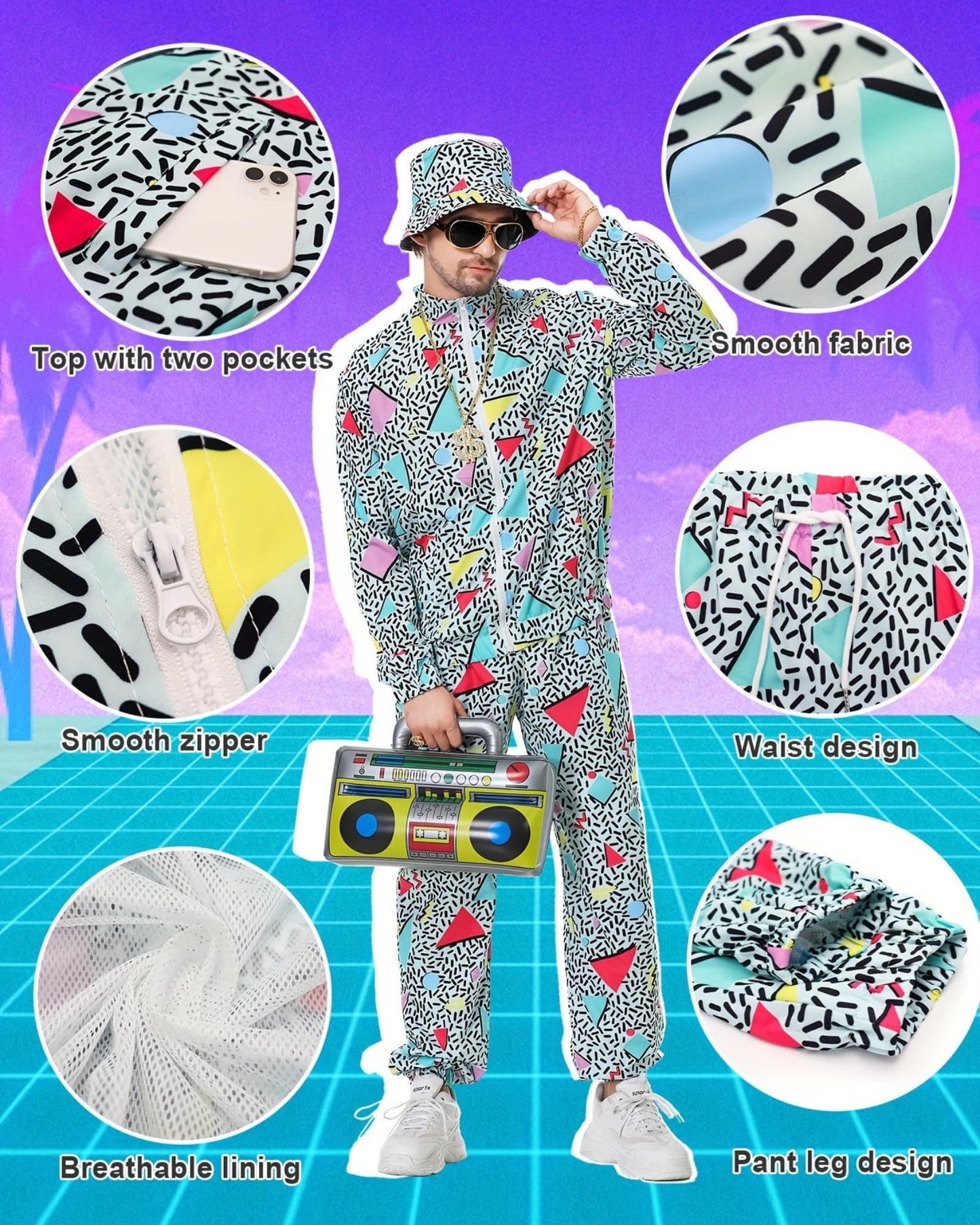 Deaboat Track Suits Mens Festival Outfit Halloween Cosplay Costume Men Outfit Holiday Tracksuit 90s Mens Clothing Windbreaker Set 9Pcs(Green/S)