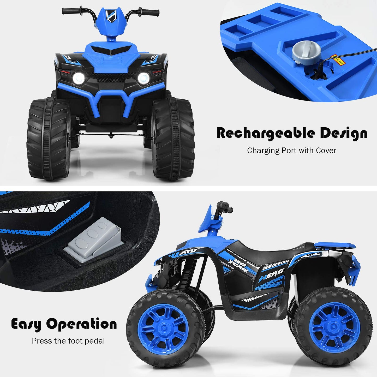 Costzon Kids ATV, 12V Battery Powered Electric Vehicle w/LED Lights, High & Low Speed, Horn, Music, USB, Treaded Tires, Ride on Car 4 Wheeler Quad for Boys & Girls Gift, Ride on ATV (Blue)