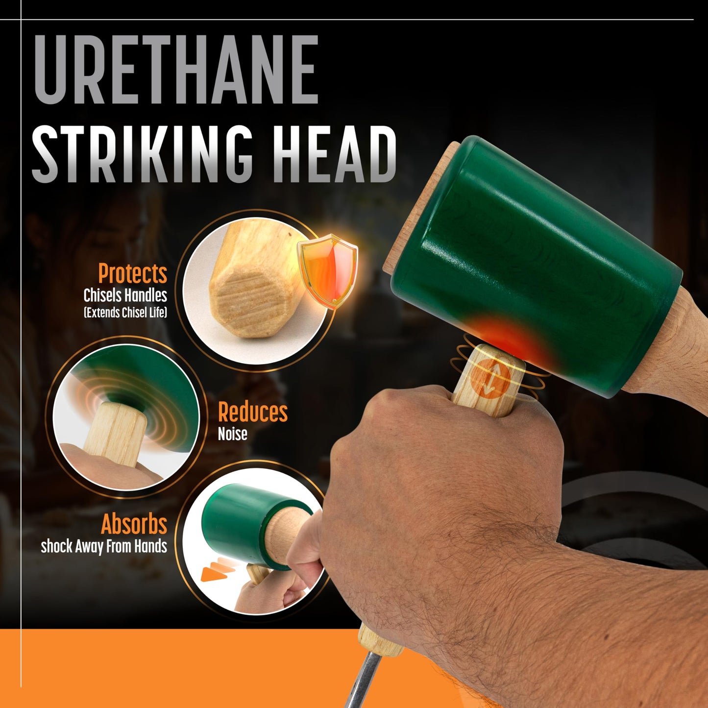 Precision Wood Carving Mallet 15oz for Woodworking, Comfortable Wooden Handle Reduces Hand Fatigue, Non-Marring Urethane Head Protects Tools, Chisel Hammer from Schaaf Tools