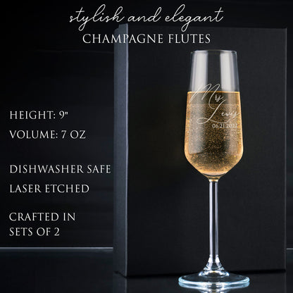 GIFTBYGIFTY Personalized Wedding Champagne Flutes for Bride and Groom - Set of 2, 7 oz, 2 Designs - Champagne Glasses for Engagement with Your Names and Date - D1