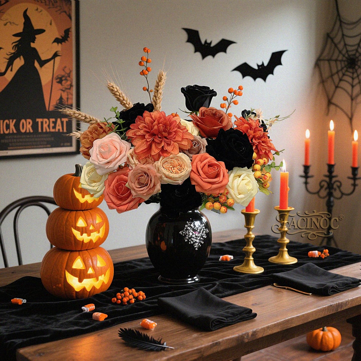 FACINOC Roses Artificial Flowers Fall Orange Black Bouquet Box Set for DIY Halloween Wreath Autumn Wedding Bridal Shower Decorations Party Table Centerpieces Fake Floral Arrangement Home Decor Indoor