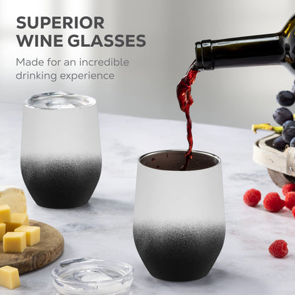 FineDine Triple Insulated Wine Tumbler With Lid (4 Pack) 12oz Stainless Steel Set- Tumblers Keep Drinks Hot & Cold for Outdoors, Beach, Picnics- Unbreakable Glasses With BPA Free Lids (White/Black)