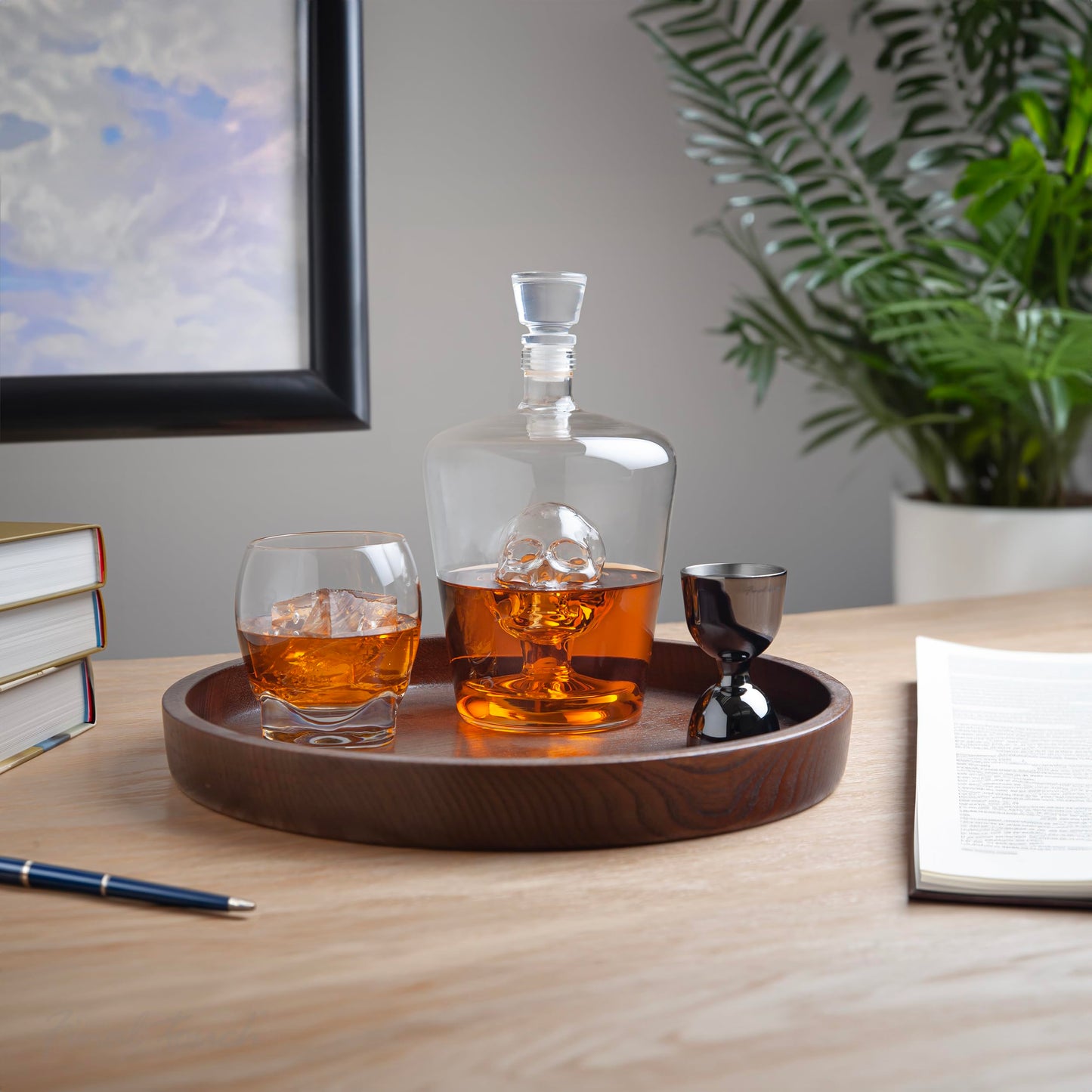 Final Touch Brain Freeze Skull Decanter - 34oz Handblown Glass with Intricate Skull Inside - Ideal for Halloween Decor, Themed Parties, Enhances Liquor Display with Freshness Seal