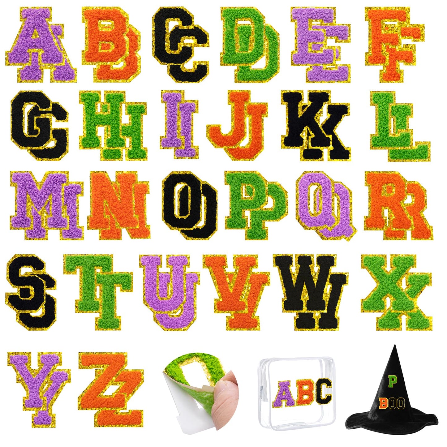 52 Pcs Halloween Patches Chenille Letter Patches Self Adhesive for Clothing,A-Z Varsity Letter Stickers Embroidered Sew on Repair Patches for Jackets Hats Backpacks