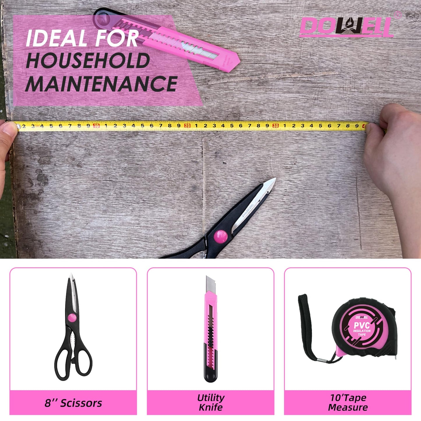 DOWELL 40 Piece Home Tool Set Pink, General Household Hand Tool Kit with Plastic Toolbox Storage Case, Mini Repair Tool kit for Women, College Students, Home Use & More