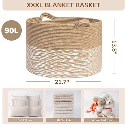 INDRESSME Extra Large Woven Baskets for Storage, 21.7'' x 13.8'' Wicker Basket with Handle for Blankets, Big Laundry Baskets for Clothes, Pillows, Towel, Shoe Basket for Entryway, 90L White Jute
