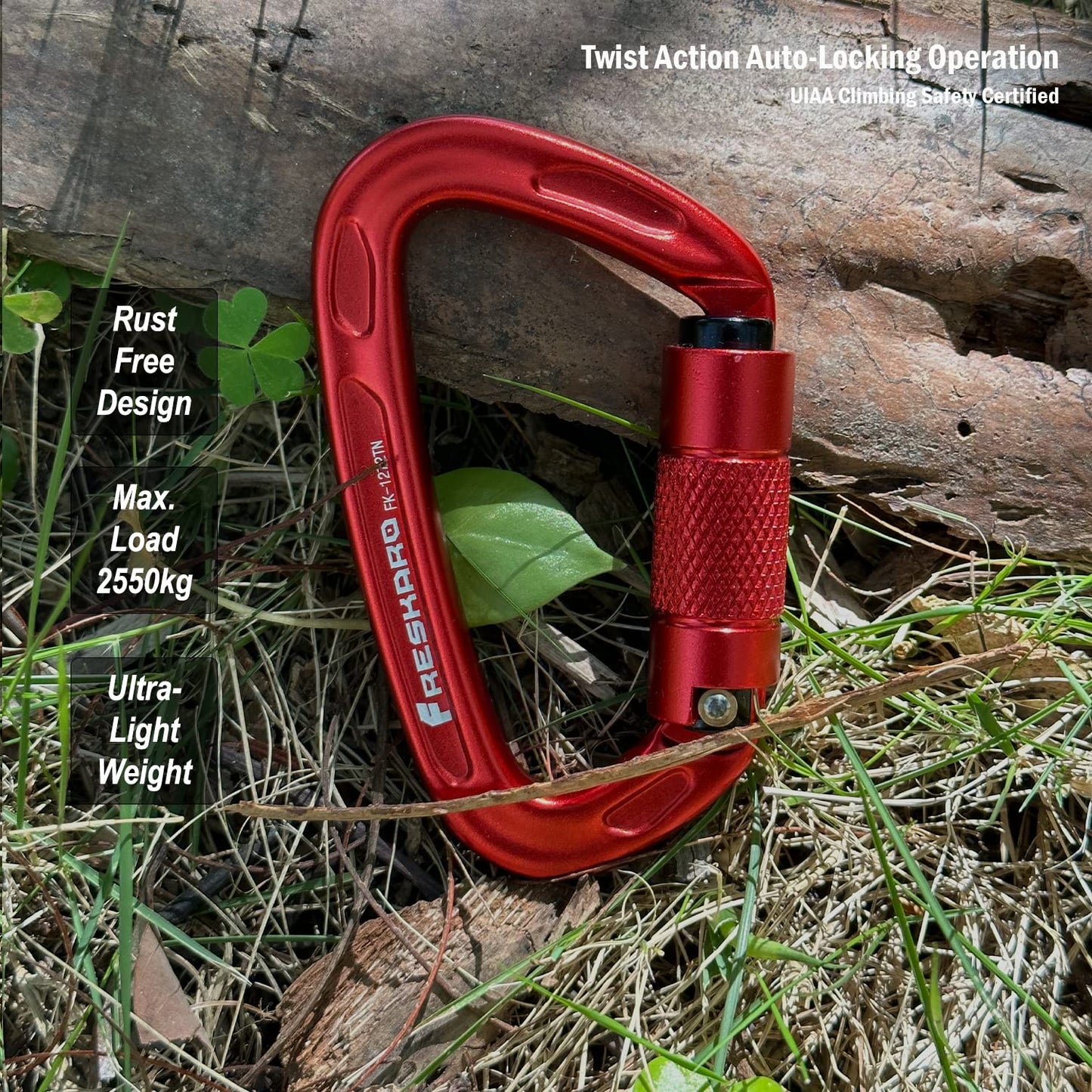 FresKaro Climbing Carabiner Clips Heavy Duty, UIAA Certified 25kN Auto Locking Carabiners, Twist Lock, 7075 Aluminium, Lightweight, Rust Free, for Rappelling, Hiking etc, 4Inch, Red, 2 Pack