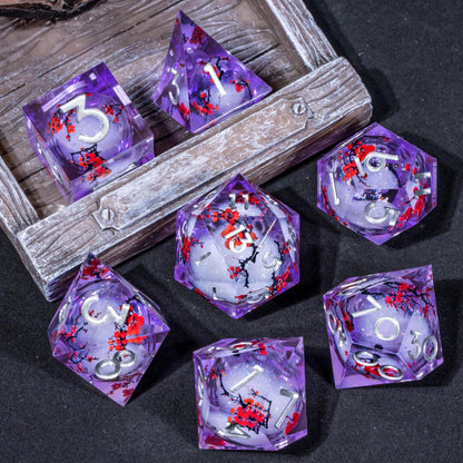 KERWELLSI Liquid Core Flower DND Dice Set with Box, 7Pcs Resin Plum Blossom Resin Sharp Edge Polyhedral Dice, Purple Role Playing Dice D20 D12 D10 D8 D6 D4