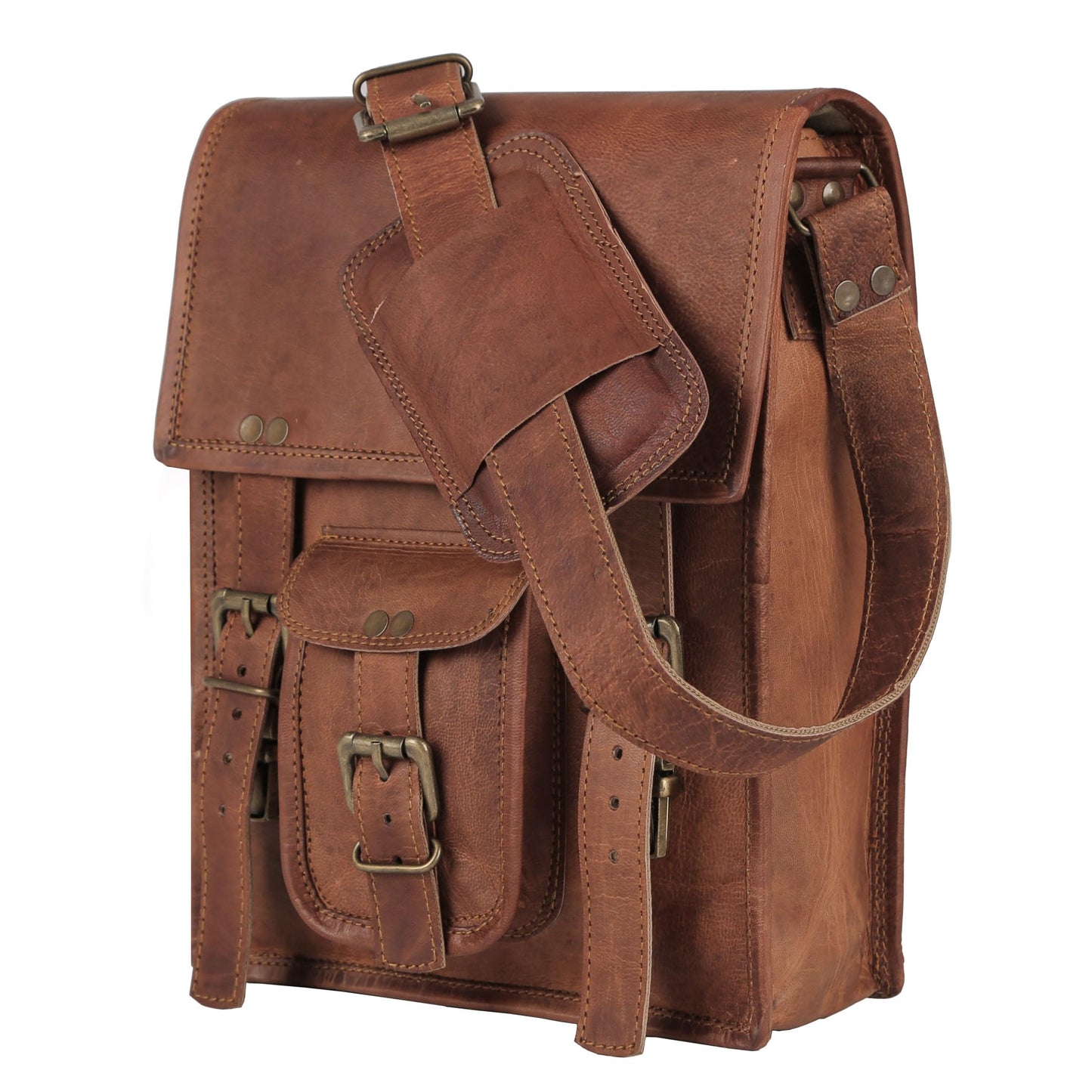 Komal's Passion Leather Sturdy Leather Messenger Satchel Bag 11 Inch Distressed Tan