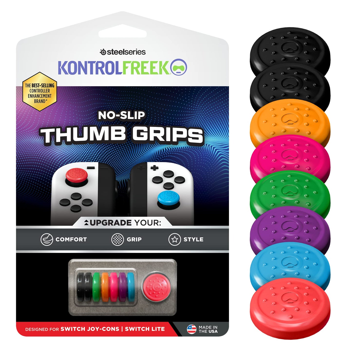 KontrolFreek No-Slip Thumb Grips for Nintendo Switch Joy-Con Controller | 8-Pack | Blue/Green/Red/Black/Pink/Purple/Orange