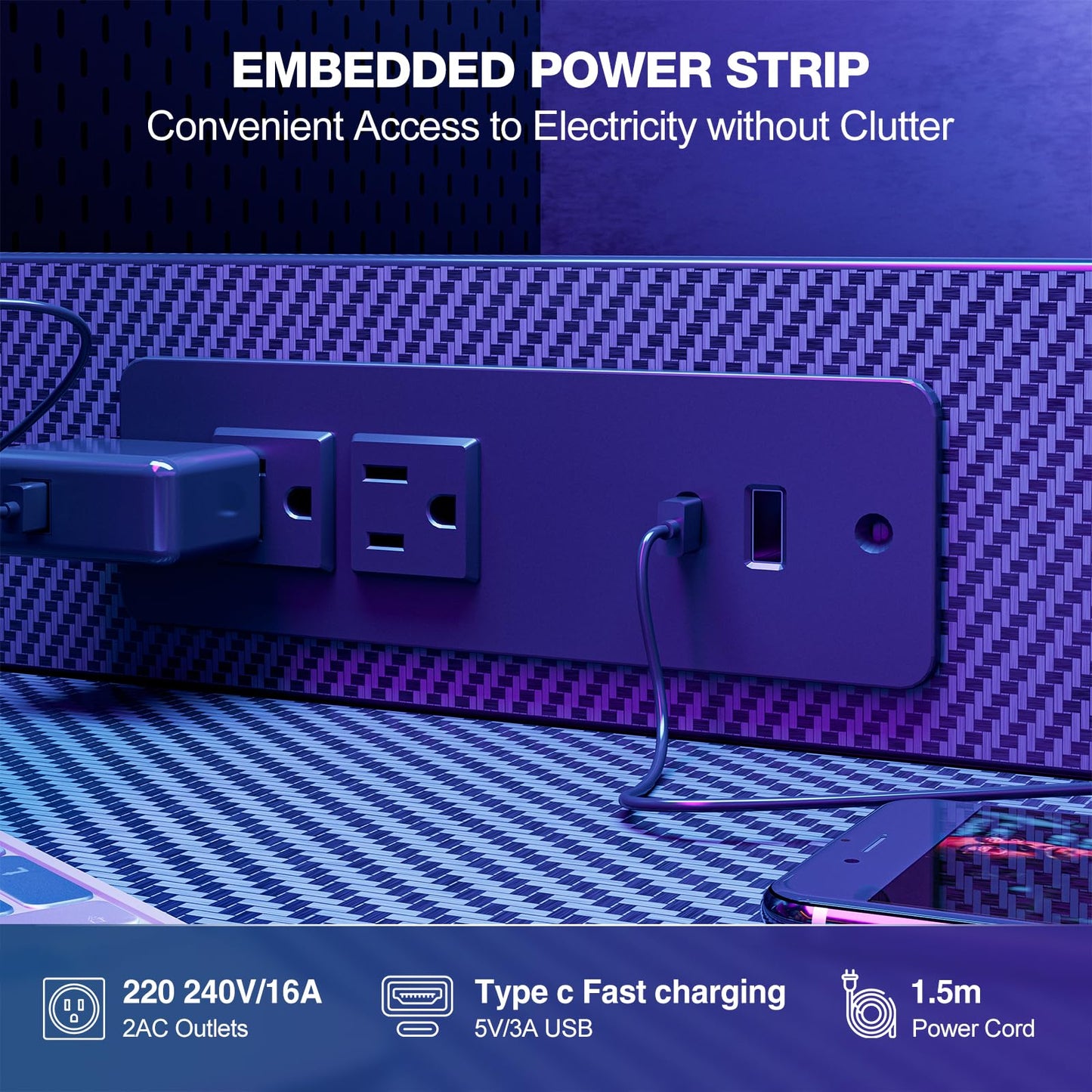 Grandder Gaming Desk 47 Inch with Power Outlet and LED Light, Computer Desk with Reversible Shelves and Storage Drawer, Pc Small Desk for Home Office Table with Bag, Carbon Fiber Black