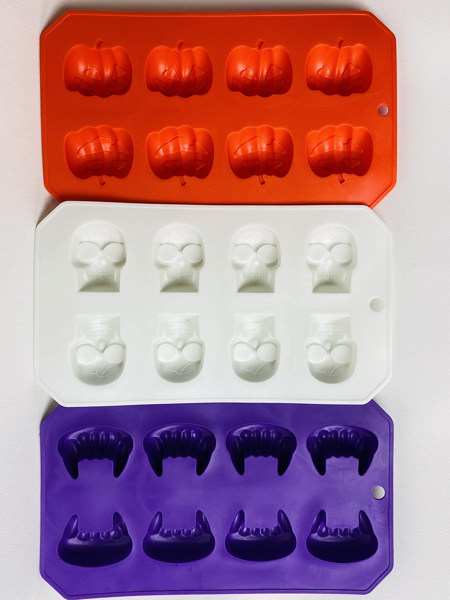 Halloween Fall themed Set of 3 Ice cube trays, candy mold, jello shot skull/fang/pumpkin shapes
